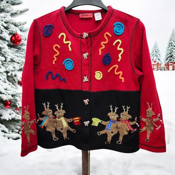 Onque Casuals Christmas Sweater Cardigan Womens Large Reindeer Candy Cane Button - Picture 1 of 11